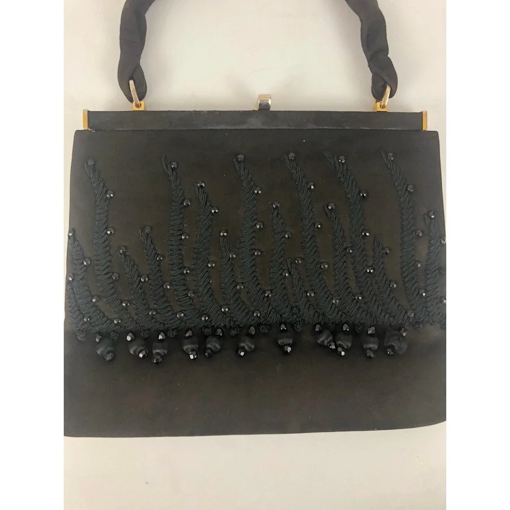 Vintage 50's/60's Beaded Fringe Purse‎ Evening Bag Chocolate Brown & Black Spain